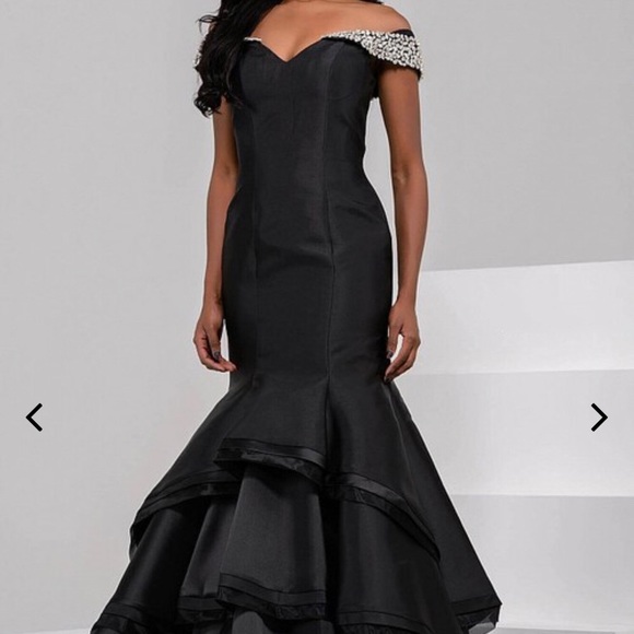 Jovani - Bedazzled Off Shoulder Mermaid Gown - Picture 1 of 4